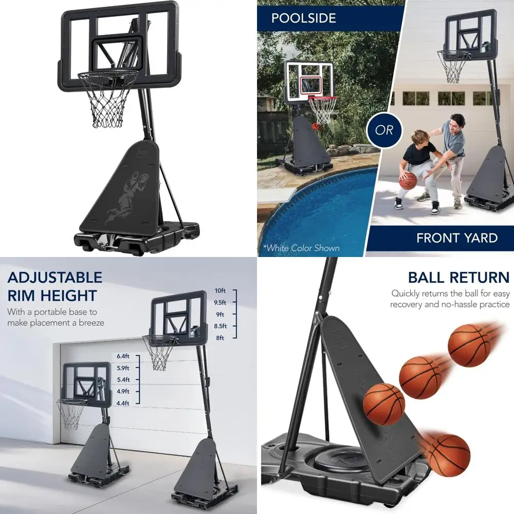طوق كرة سلة محمول مع ارتفاع قابل للتعديل ولوحة خلفية مقاومة للكسر وإرجاع الكرة وقاعدة للعب التنظيم بطول 4.4-10 أقدام