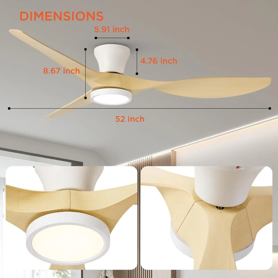 مروحة سقف مثبتة على السطح مقاس 52 بوصة مزودة بإضاءة مدمجة وجهاز تحكم عن بعد وتصميم منخفض المظهر يتميز بمحرك DC ذو وجهين وD