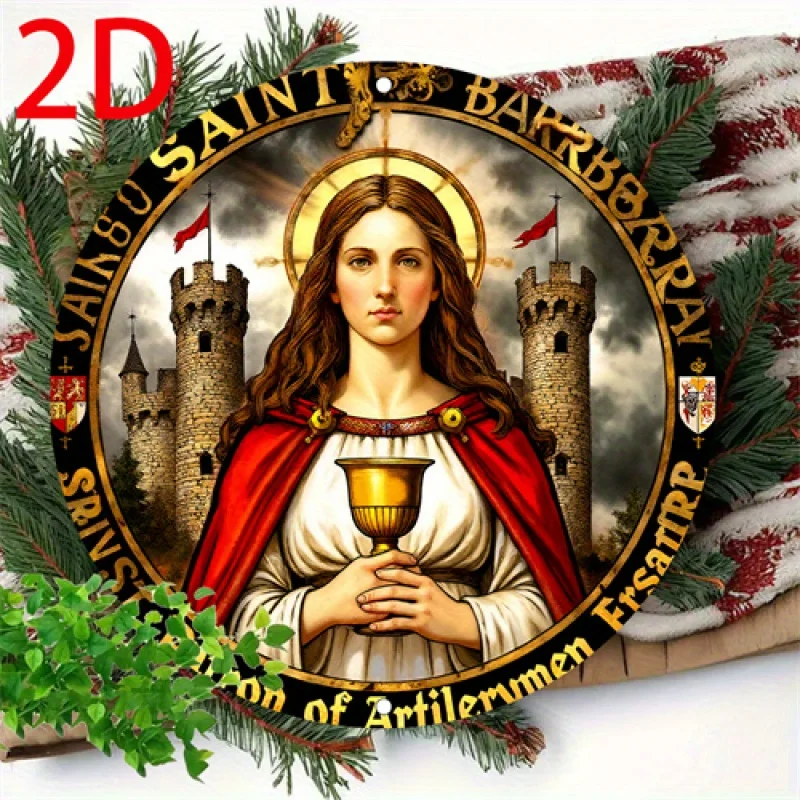 2D Flat, [2D Flat] 1pc 2D Flat Print Metal Iron Sign Vintage-Inspired 20.32x20.32cm Round Wall Art | Saint Barbara Patron of Bar