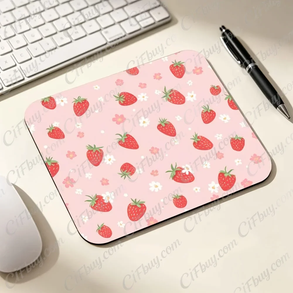 CIFbuy Mouse Pad Small Strawberry Floral White Pink Base Smooth Cursor Precise Tracking Non-Slip Rubber Base Sweet Cute Office