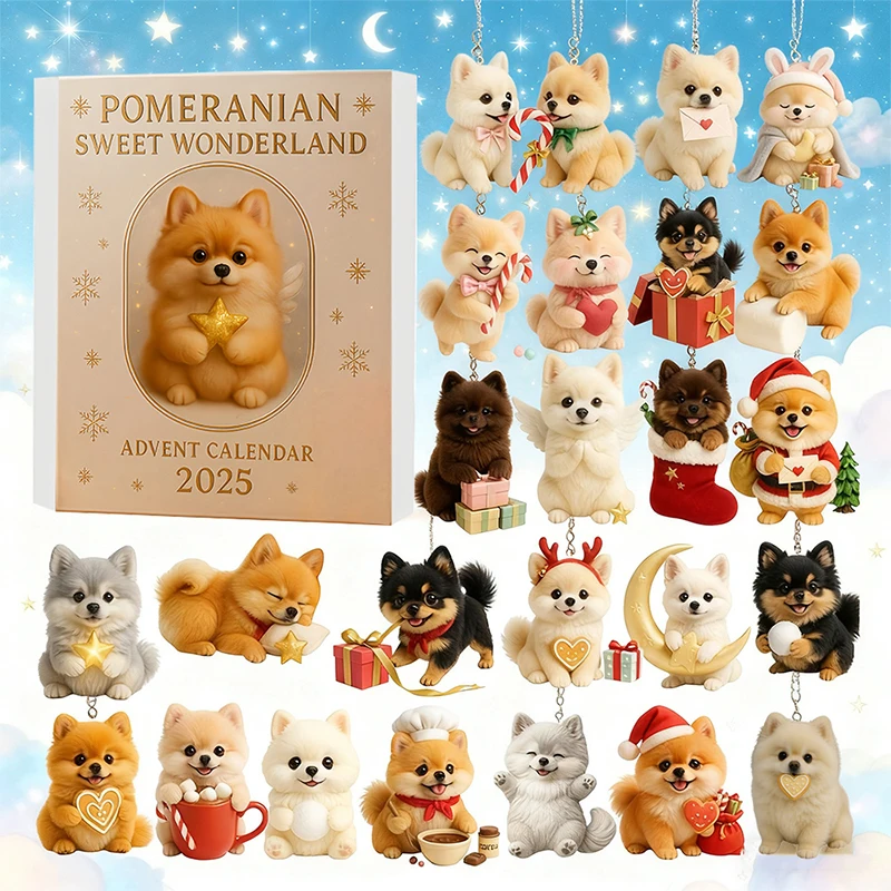 포메라니안 스위트 원더랜드 어드벤트 캘린더 2025, 24일간의 축제 서프라이즈 강아지 장식품, 2D 아크릴 귀여운 강아지 장난감