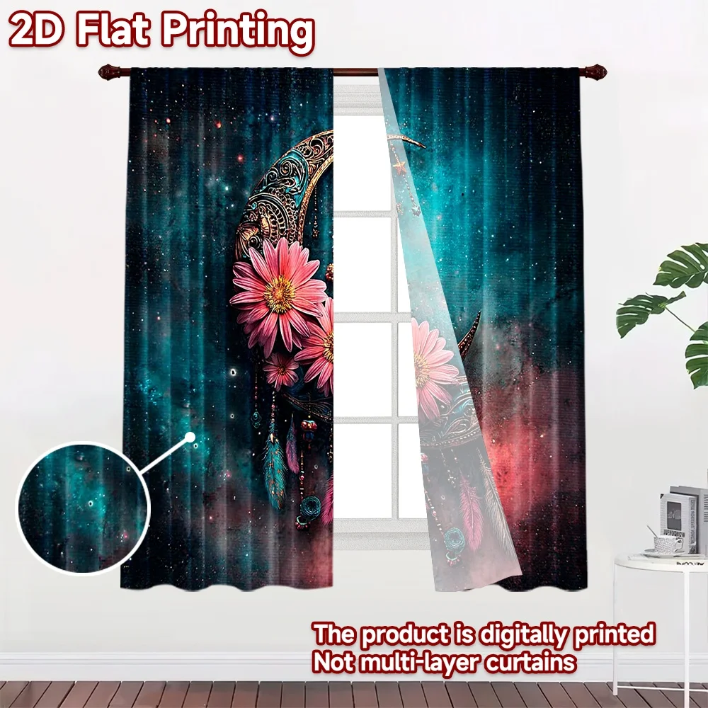 2D flat 2pcs Curtain Country Style Curtains Boho Crescent Flowers Digitally printed polyester Family Party Decoration Use for