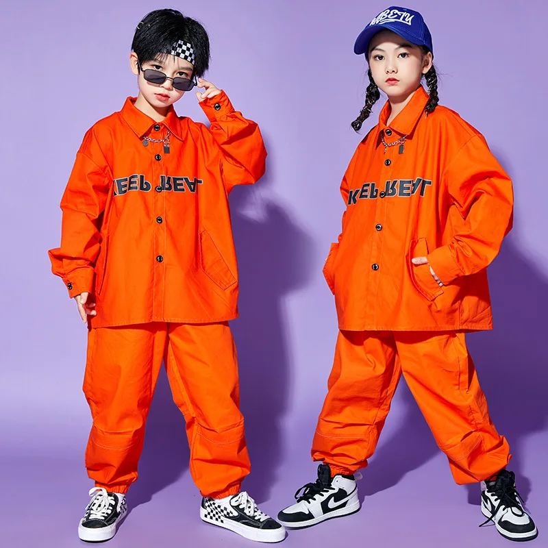 女の子オレンジヒップホップ服プリントジャケットトップカーゴパンツ子供男の子ジャズダンス衣装服