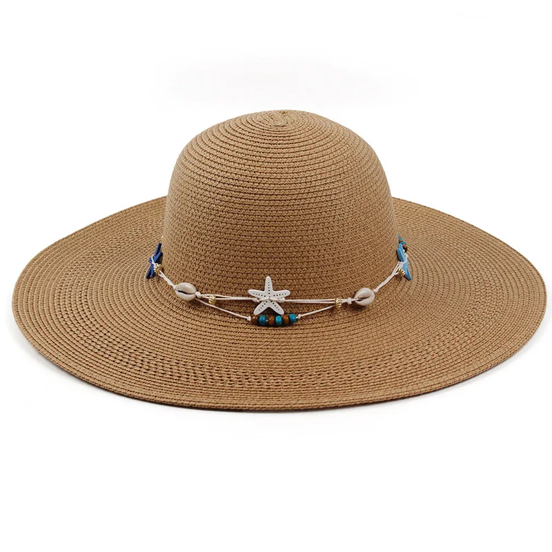 

Outdoor Vacation Wide-brimmed Straw Hat With Starfish Decoration And Round Top Sunshade Hat