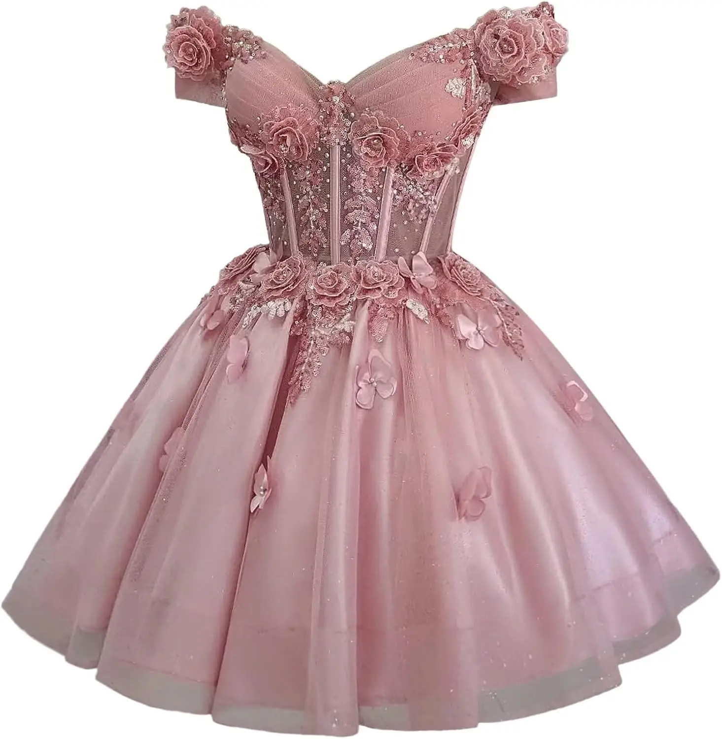 Yifanier Sparkly Tulle Homecoming Dresses for Teens Off Shoulder DAMA Dresses for Quinceanera 3D Butterfly Short Ball Gown