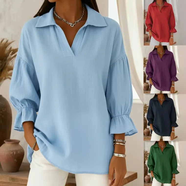 Women Summer Cotton Linen Oversized Blouse Collared V-Neck 3/4 Lantern Sleeve Ruffle Cuff Loose Fit Casual Top