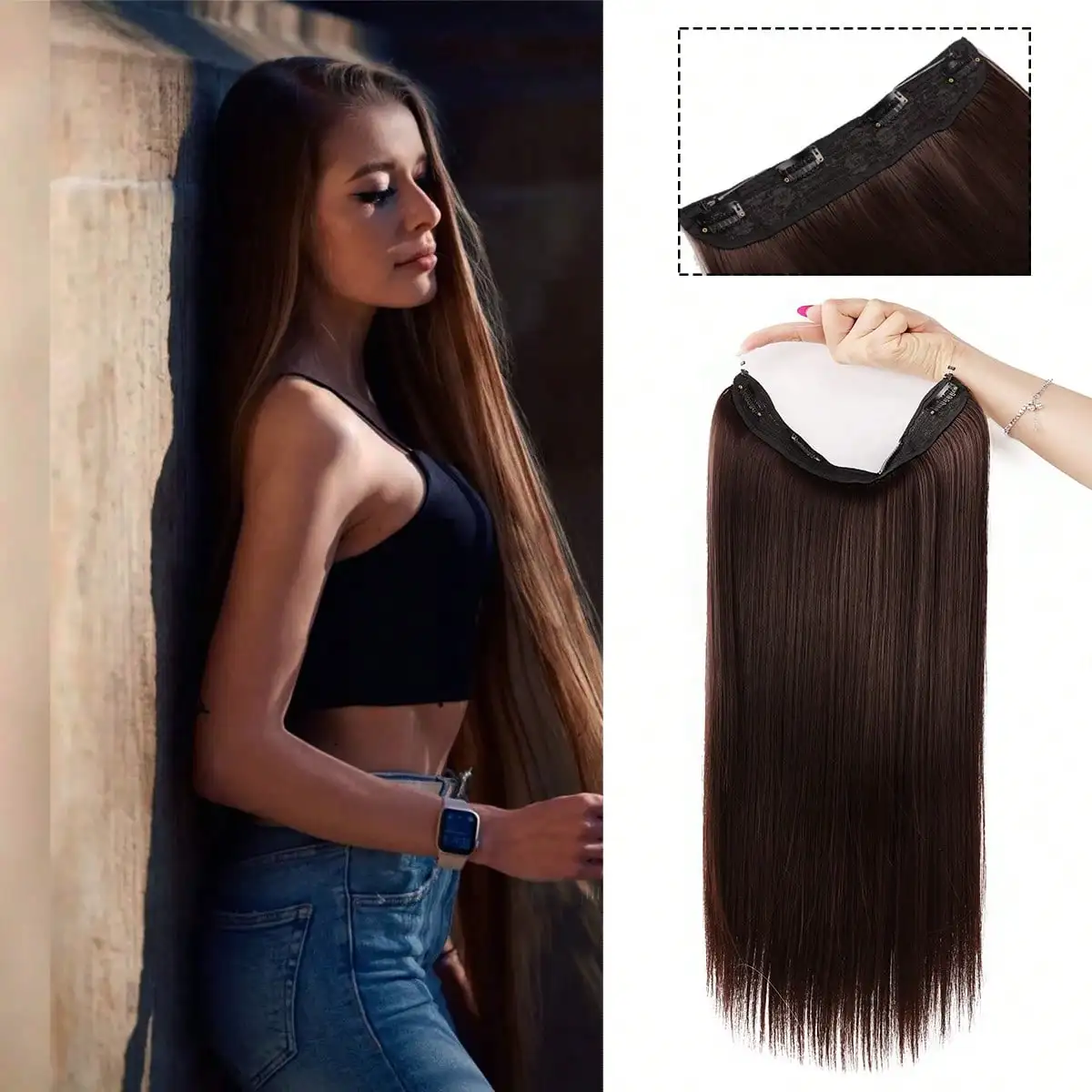 

Synthetic Invisible Wire Hair Extensions Adjustable Size Removable Secure Clips in 24 Inch Straight Secret Hairpiece for Women