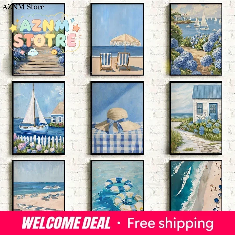 Blue Coastal Beach Sailboat Hydrangea Posters Prints Landscape Canvas Painting Wall Art Pictures Living Room Home Decor Cuadr