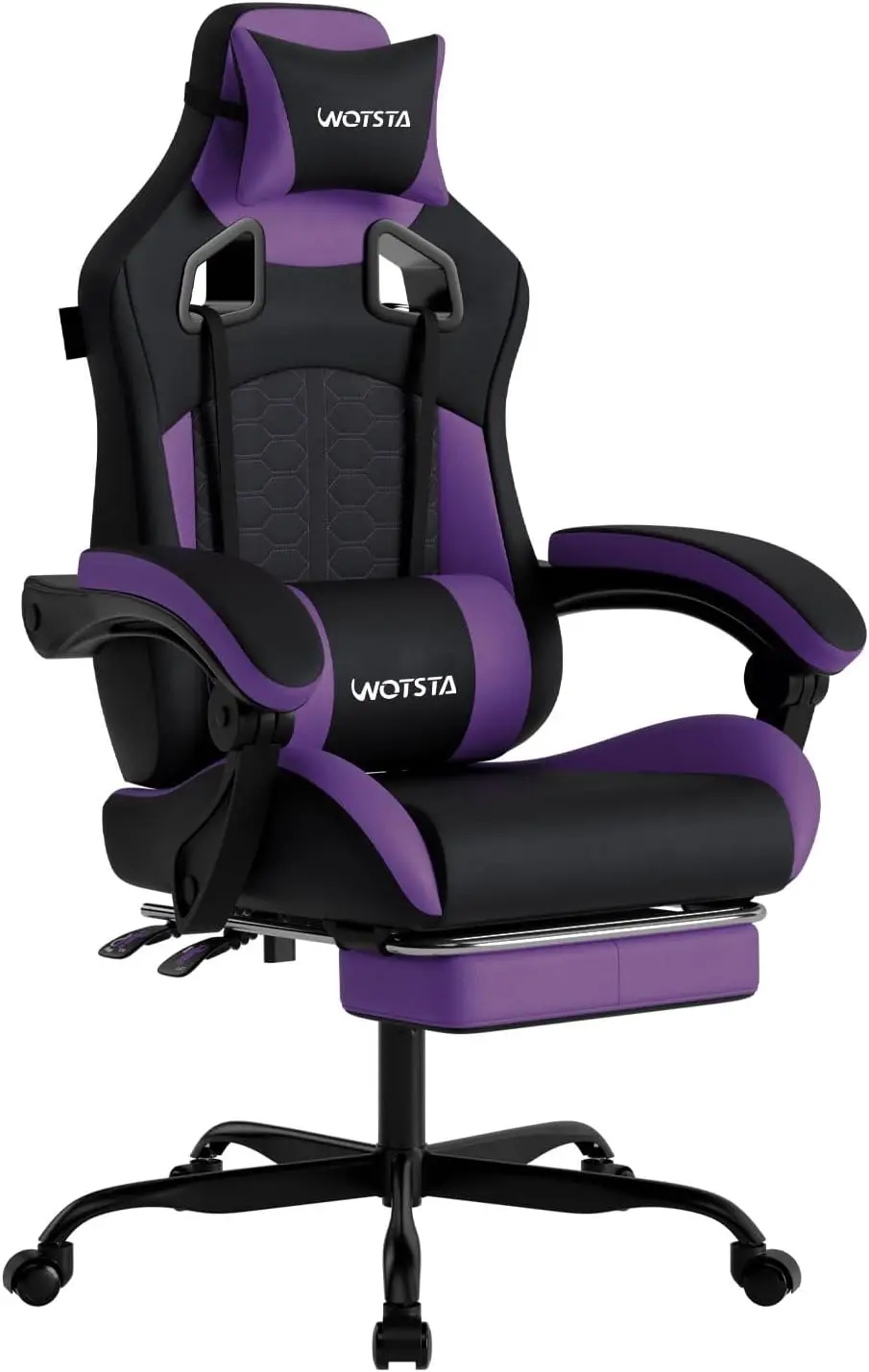 Cadeira de jogos com função de massagem, cadeira ergonómica para jogos de PC com apoio para os pés, apoio de cabeça confortável e suporte lombar, cadeira de jogos com encosto alto, revestimento em couro PVC, suporta até 136 kg (preto e roxo).