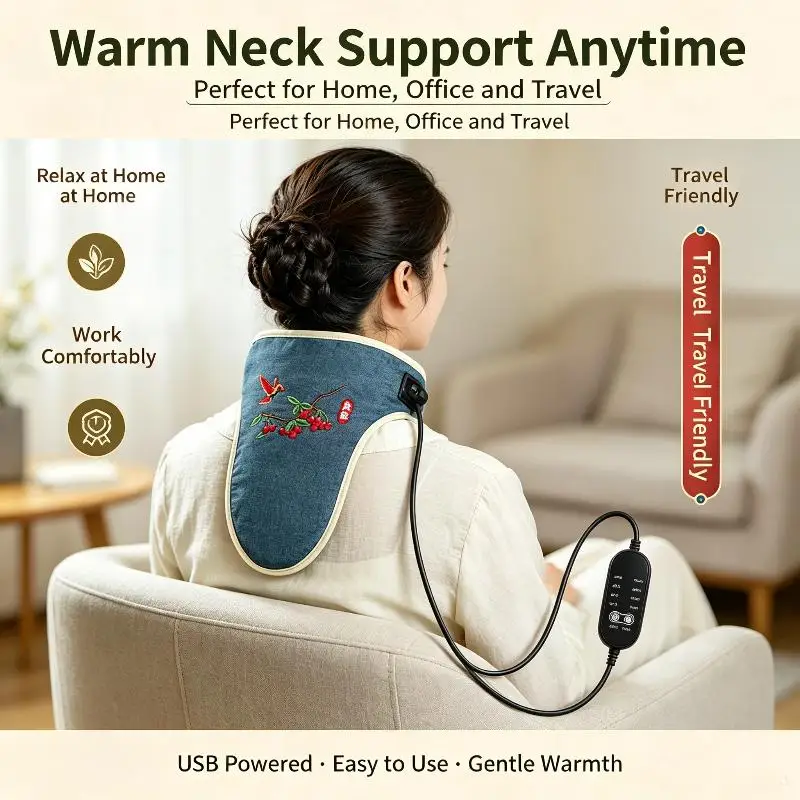 Mugwort Fluff Electric Heated Neck Wrap Adjustable Temperature Timer Herbal Hot Compress For Neck Pain Relief Home Office Use