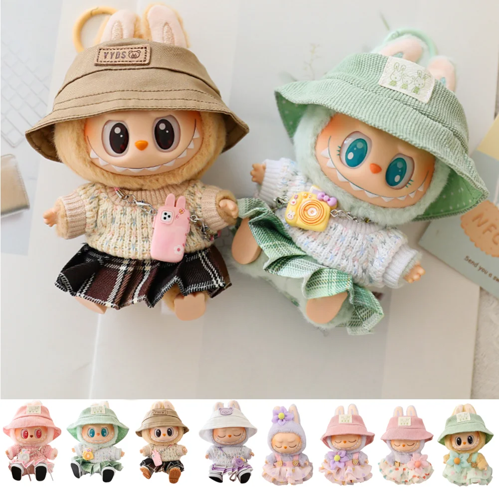 For 17cm Labubu Mini Doll Clothes Outfit Soft Knitted Sweater Suit Sitting Party JK Pleated Skirt Set Kawaii Bear Dress DIY Toy