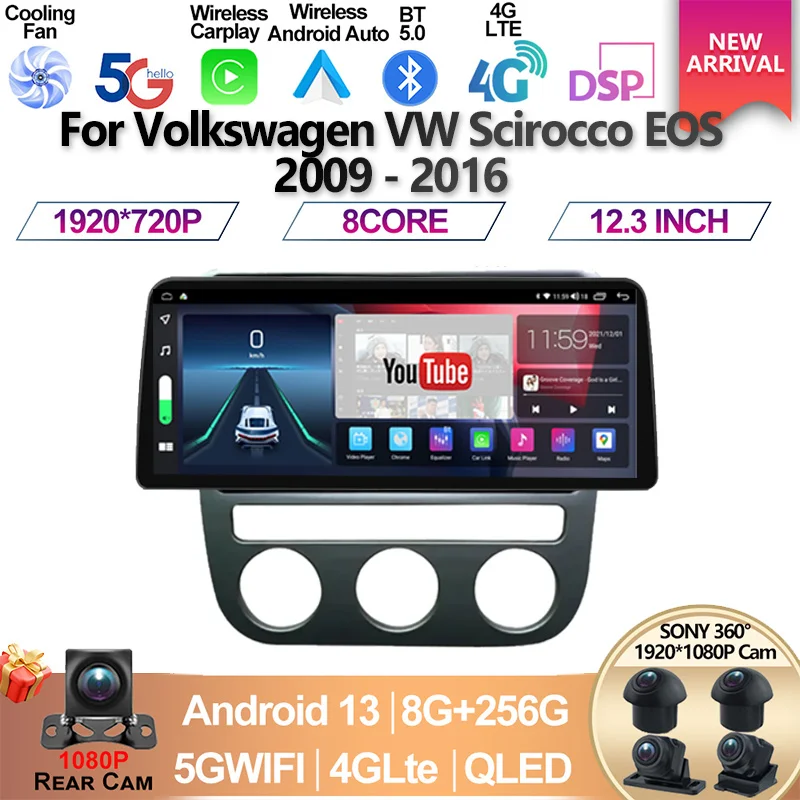 

12.3 inch For Volkswagen VW Scirocco EOS 2009 - 2016 Car Radio Multimedia 4G Carplay GPS Navigation Android 13 Player 2 Din DSP