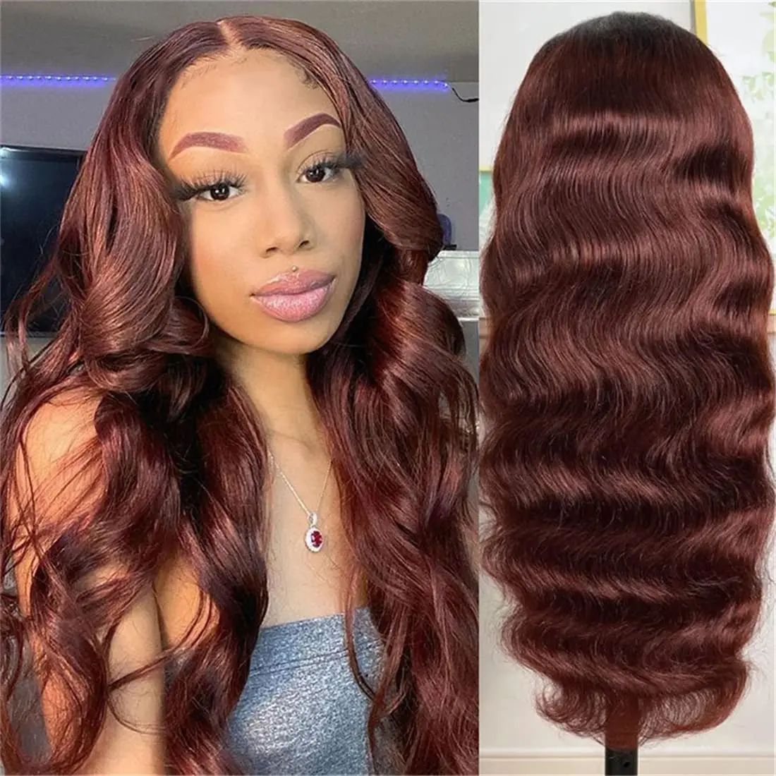 Reddish Brown Lace Front Human Hair Wigs Body Wave 13x6 HD Lace Frontal Wig Preplucked Dark Red Brown 13x4 Lace Front Wig OnSale