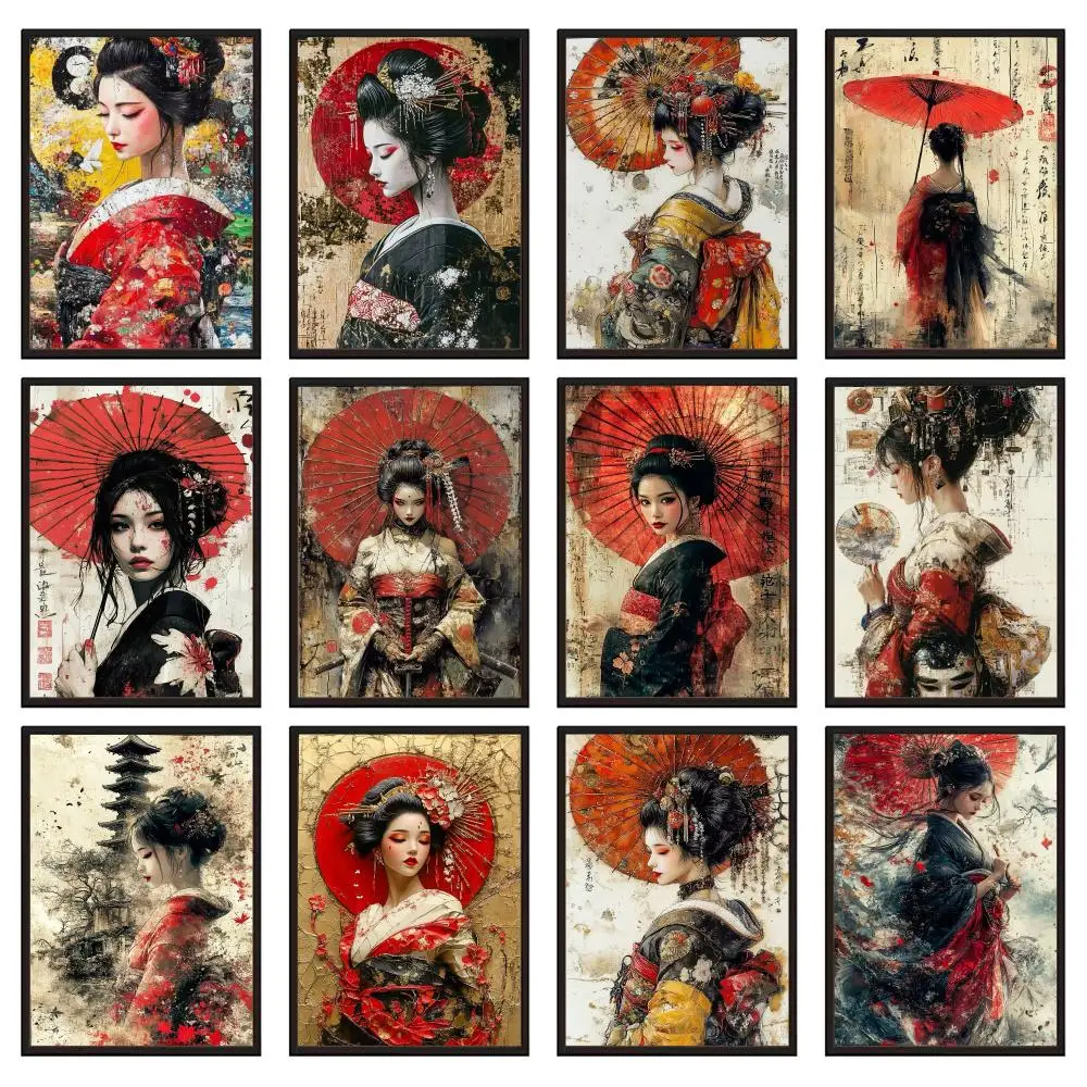 Japanese Geisha Painting Abstract Woman Painting Calligraphy Canvas Poster Art for Bedroom Living Room Home Decor Wall Decals