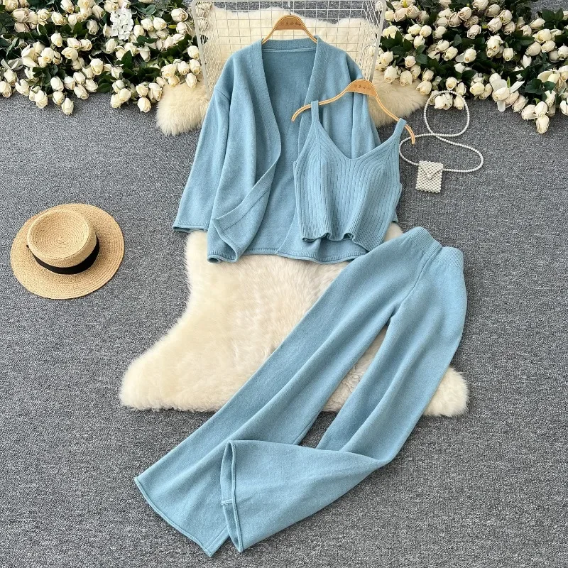 High Quality Solid Color Knitted Pants Suit Women\'s Autumn Winter Cardigan Camisole High Waist Wide-leg Pants Women Two-piece