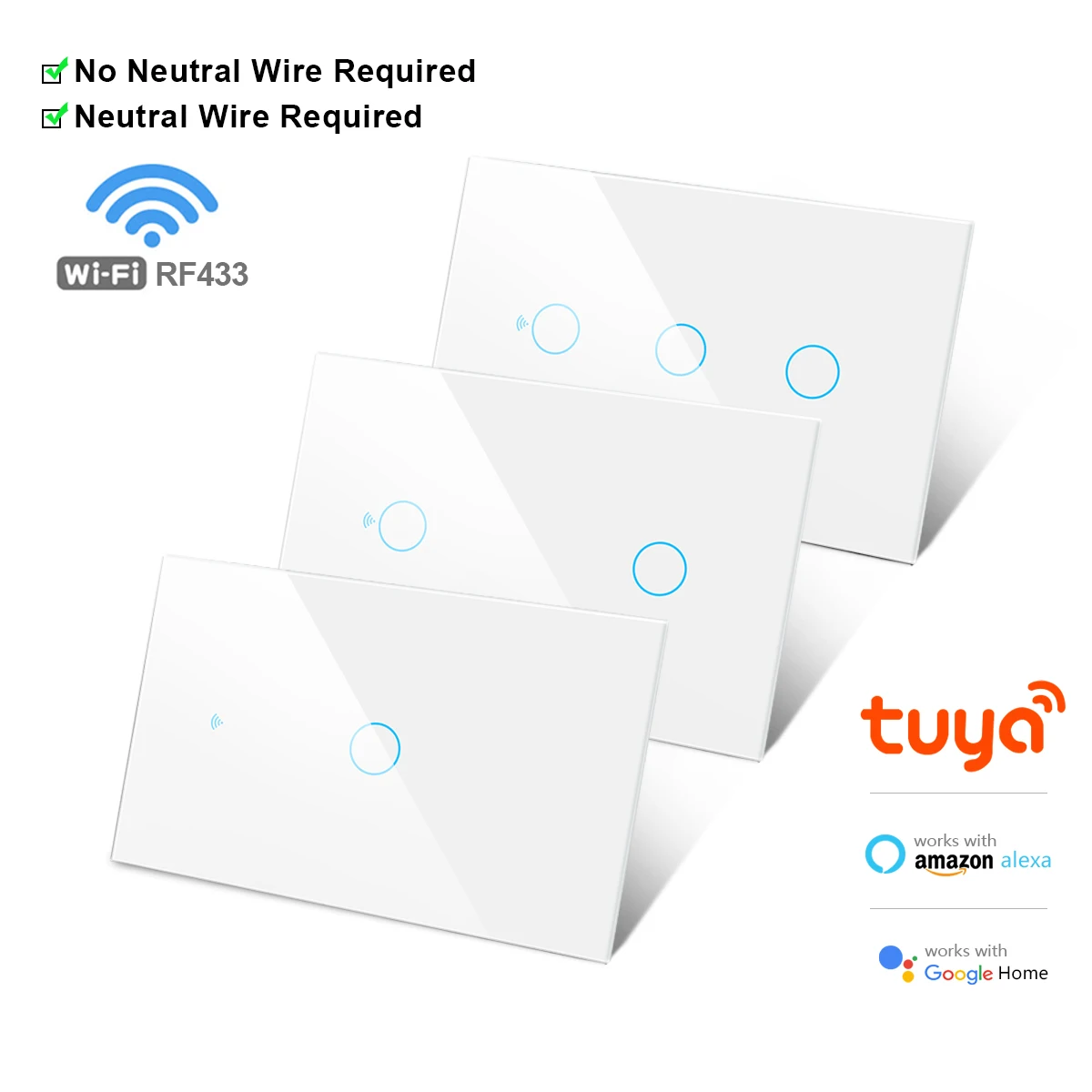 

Умный беспроводной сенсорный стеклянный переключатель света, совместимый с Tuya Alexa Google Home 1/2/3 Way 110 В/220 В, прерыватель ЕС, США