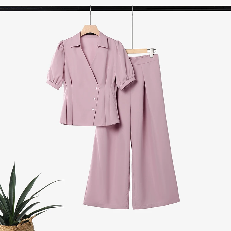 2PCS ZANZEA Women Pant Suit Puff Sleeve Tops Wide Leg Pants Pleated Cinched Waist Elegant Office Workwear V-Neck Solid Sets