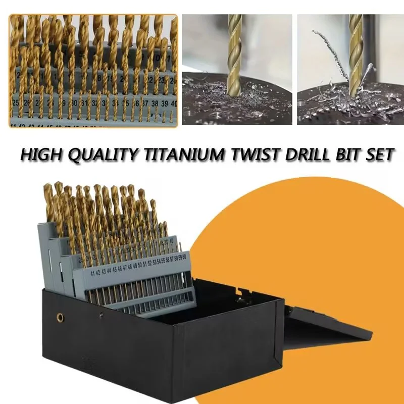 135°Drill Bits Set 60PC Number Drill Bits American Standard Round Shank Titanium Plated Twist Universal Ultra Fine