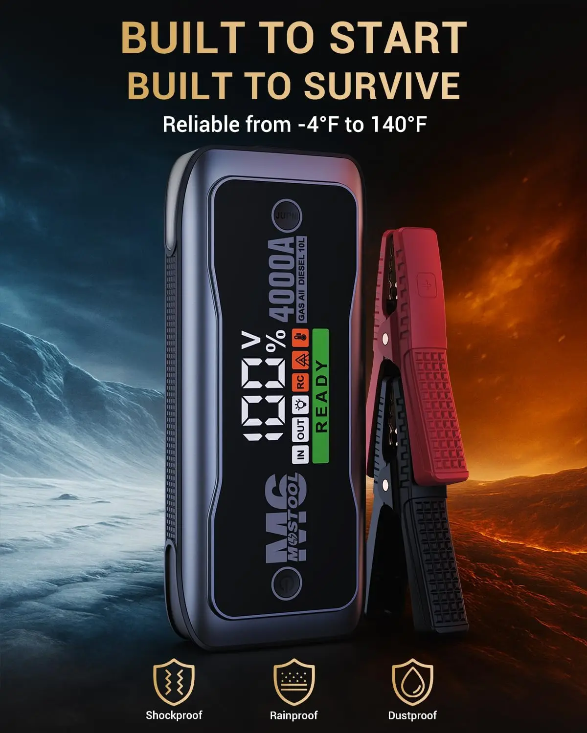 M6 4000A Jump Starter مع شاشة HD، حزمة تعزيز محمولة 12 فولت، شحن سريع USB-C، مشابك LED – للغاز والديزل ما يصل إلى 10 لتر