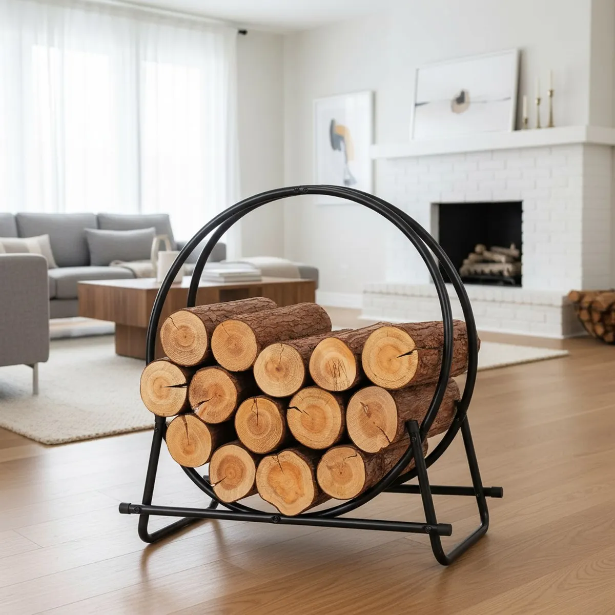 Firewood Log Rack Hoop with Cover Heavy Duty Round Holder Ring 28 Inch Indoor Outdoor Patio Deck Porch Storage