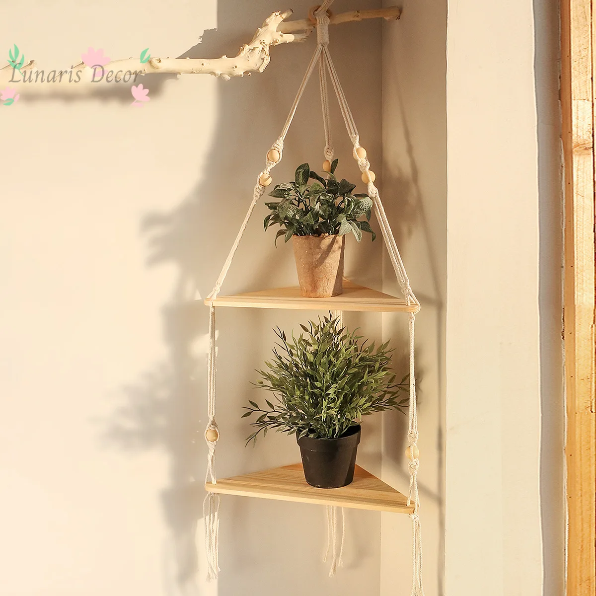 Handmade cotton rope woven shelf - triangular home decor plant holder