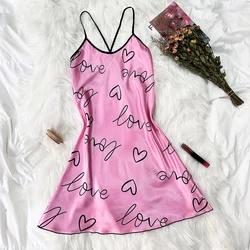 Summer New Ice Silk Slip U-Neck Nightdress Mini Dresses Sexy Backless Pajama Women's Pajama Thin Breathable Print Slip Dress