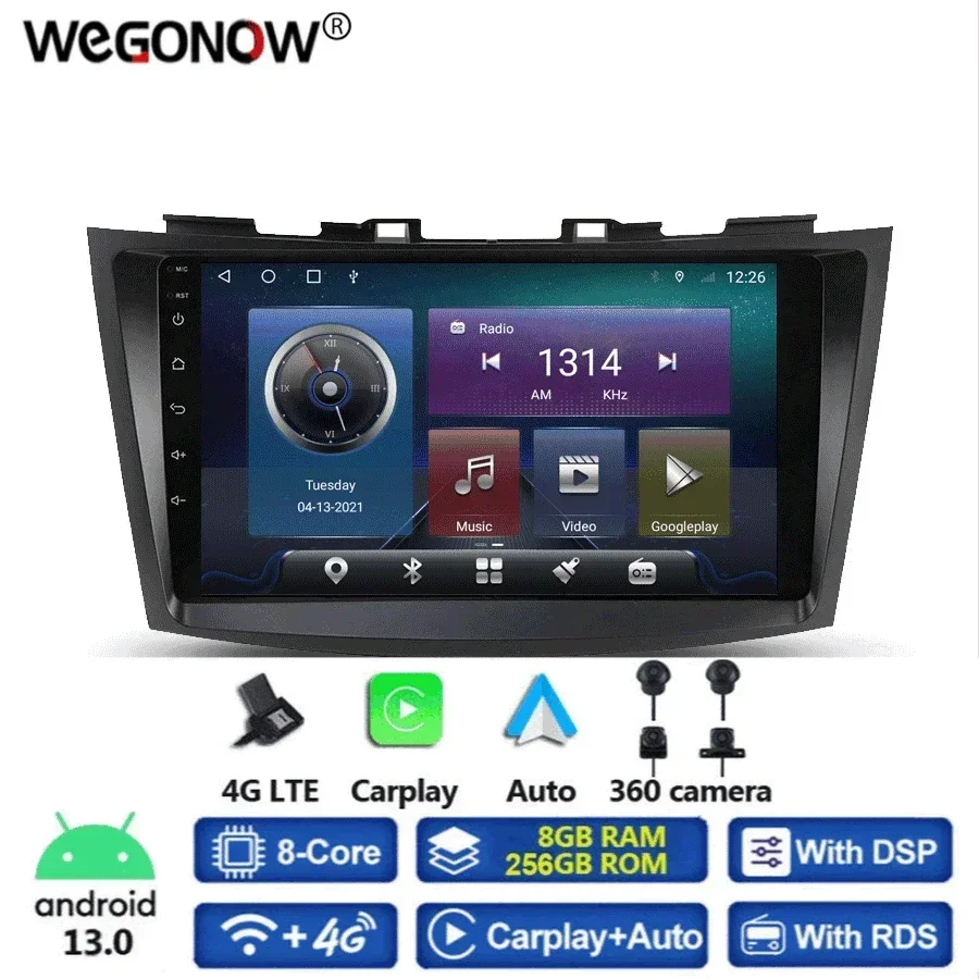 360 Panoramic Camera Carplay 8G+256GB Android 13.0 Car DVD Player GPS WIFI Bluetooth 5.0 RDS Radio For Suzuki Swift 2012 - 2015