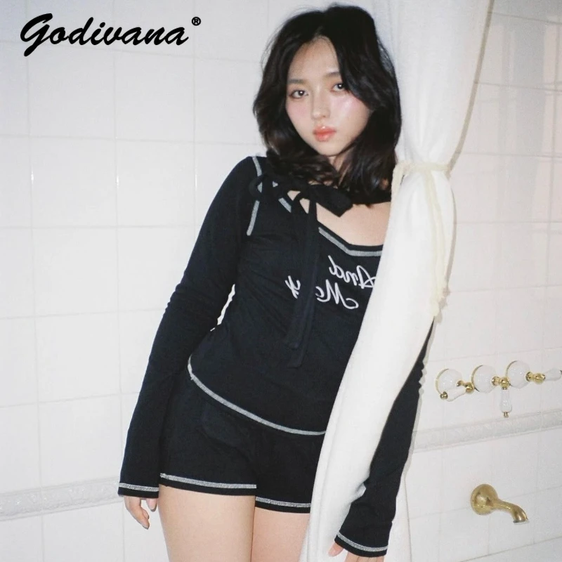 

Japanese Style New Autumn and Winter Women's Simple Letters Long Sleeve Knitted Top and Shorts Casual Two-Piece Set Outfits
