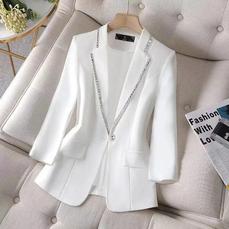 Diamond-Encrusted Blazer 2023 Spring And Summer New Three-Quarter Sleeve White Jacket Design sense Niche Fashion Cardigan Lad