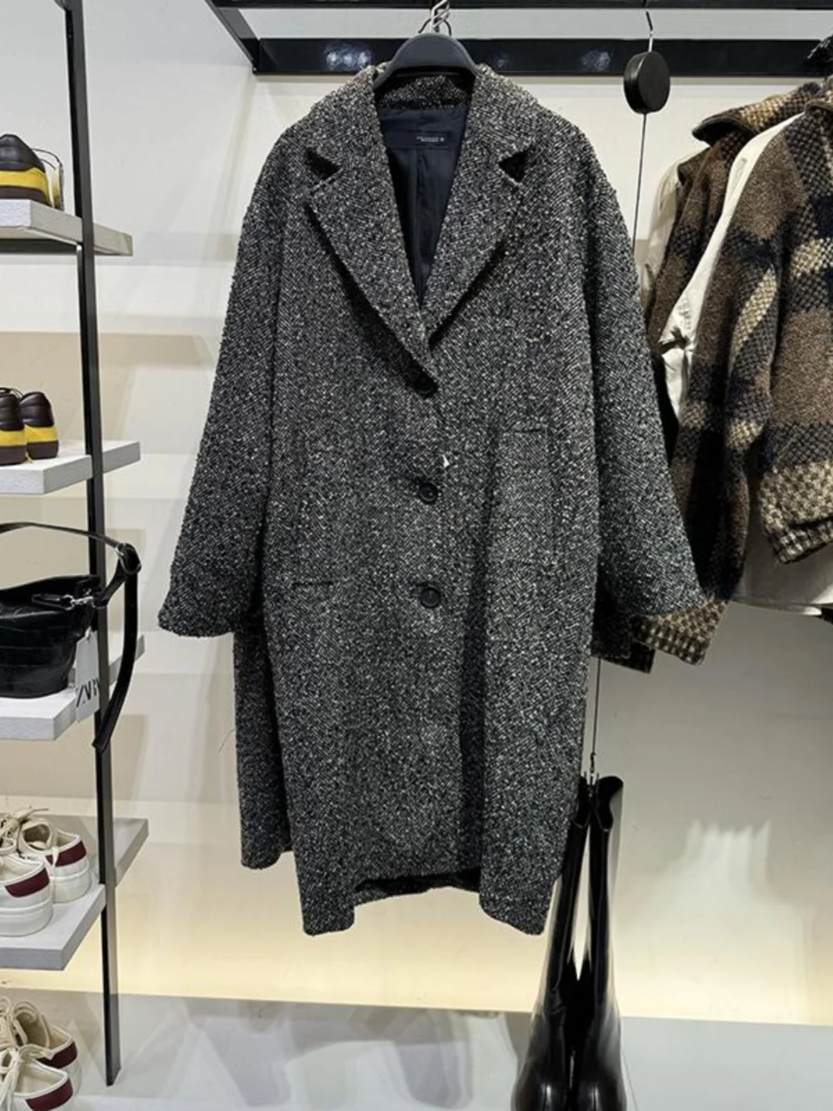 

Faionable Loose oulder Drape Plaid Coat URCACHE Commute Sle Regular Sve Long Sve Mid-Length Single Button Closure