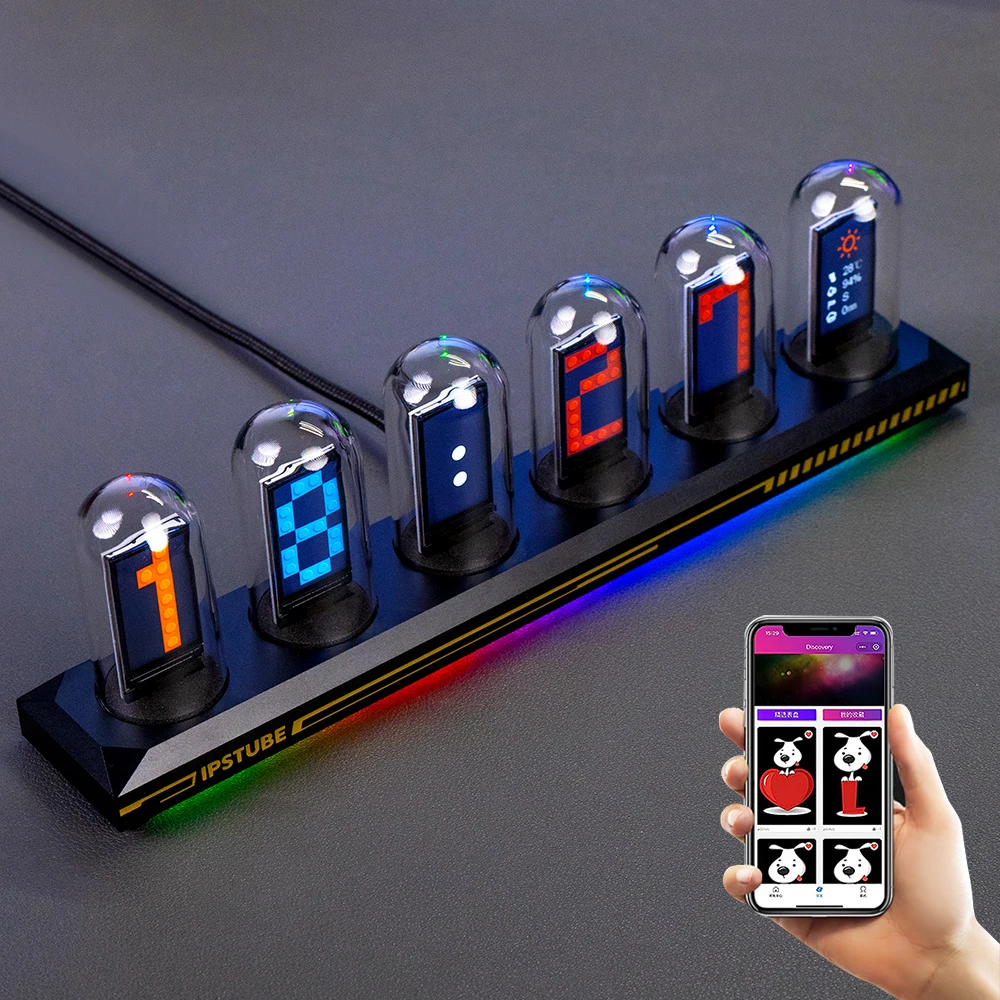 Nixie Tube Clock IPS Retro Glows Analog Clock DIY IPS Color Screen Digital Clock RGB Electronic Desktop Digital Clock Decoration