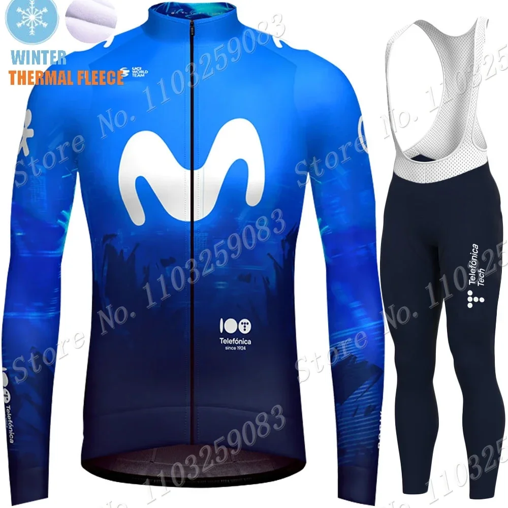 Winter M Cycling Jersey Pro Team 2024 Set Thermal Fleece Blue Spain Clothing Long Sleeve Road Pants Bib Bike Suit MTB Maillot