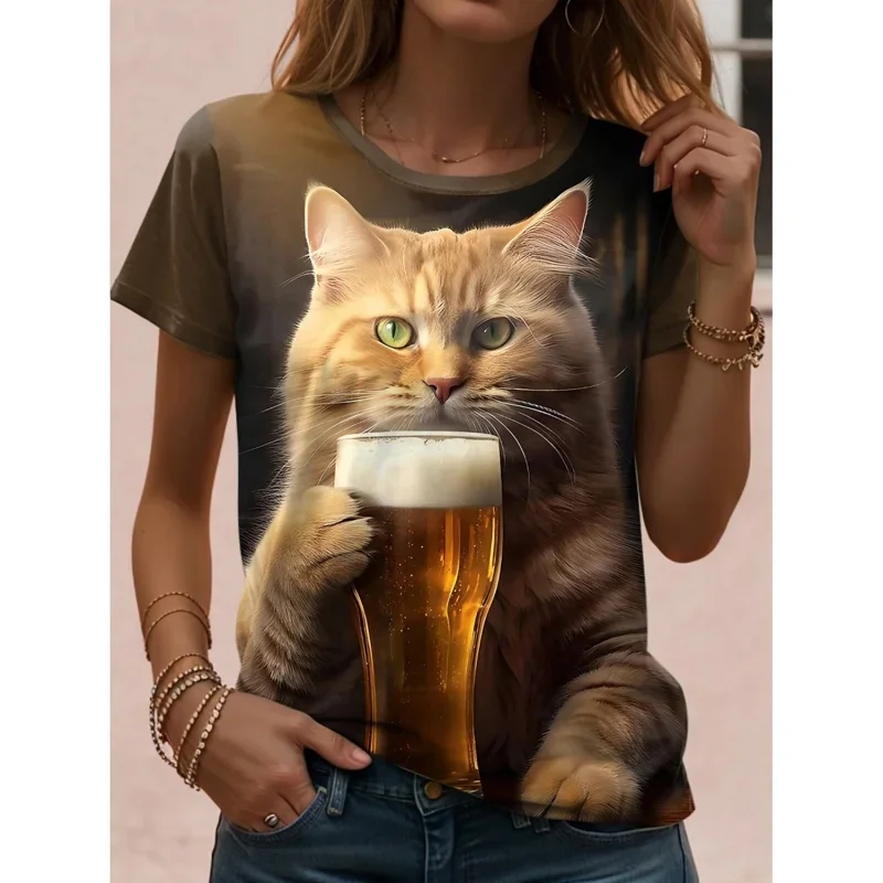 Plus Size Bloem Kat Bier Patroon T-shirt Voor Vrouwen Fun Konijn 3D Gedrukt Korte Mouw Losse T-shirts O-hals Top Tees streetwear