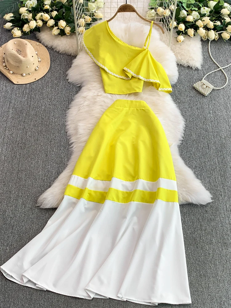 

Summer 2025 Sexy Asymmetrical Collar oulder Bared Ruffle Hem Top And Skirt Set High Waist Dr ort Sve Ensemble