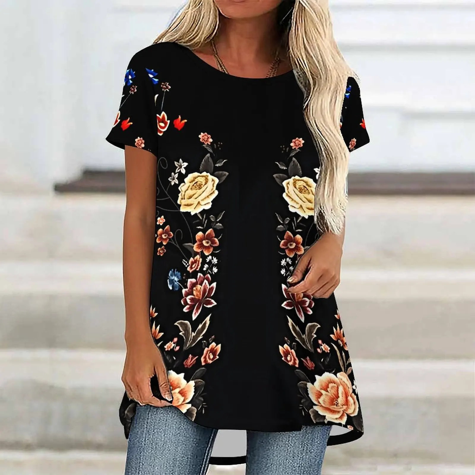 Women Print Crew Neck Irregular Hem Short Sleeve Casual Tunic Tops