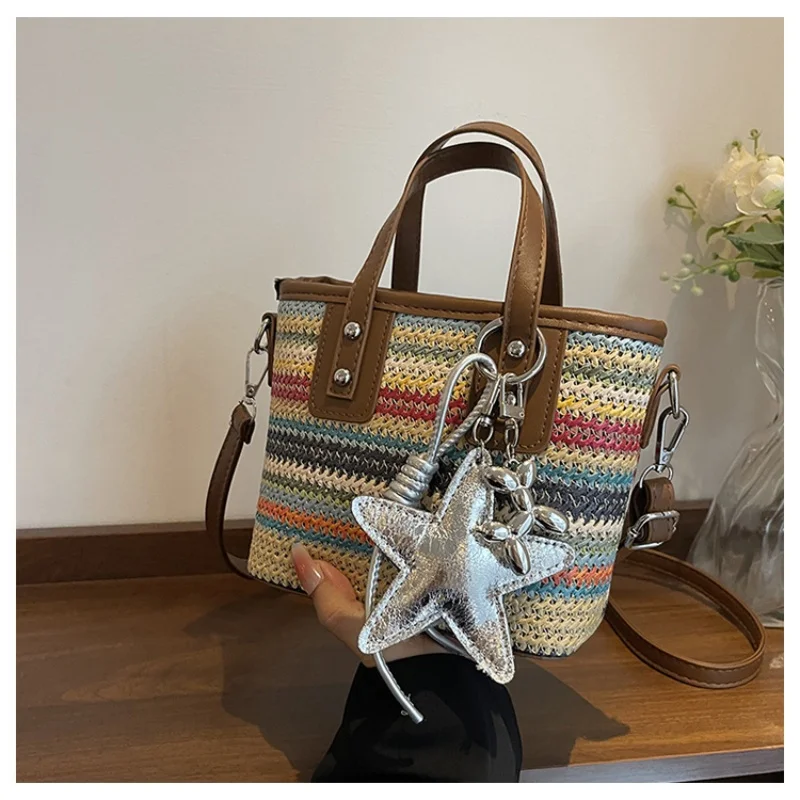Boho Style Striped Woven Mini Tote Bag Women Retro Vacation Handbag Detachable Strap Crossbody Shoulder Bag view 3