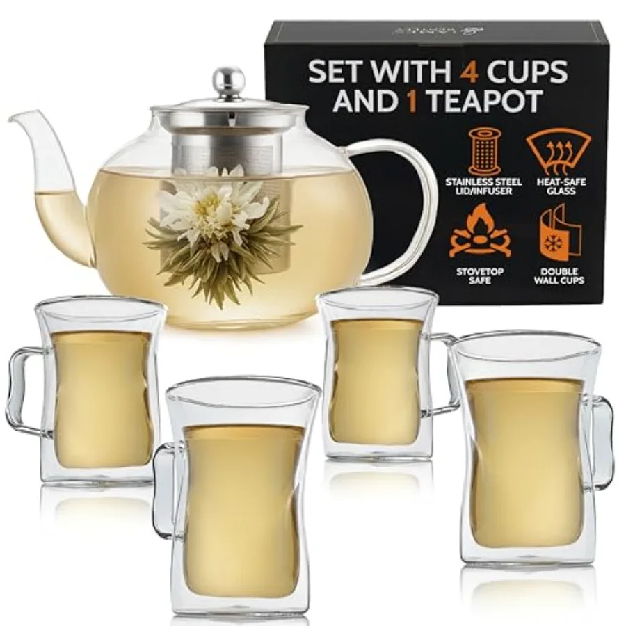 

Стеклянный набор для кофе и чая из боросиликатного стекла: чайник объемом 40 унций и 4 термостойкие стаканы с крышками из нержавеющей стали