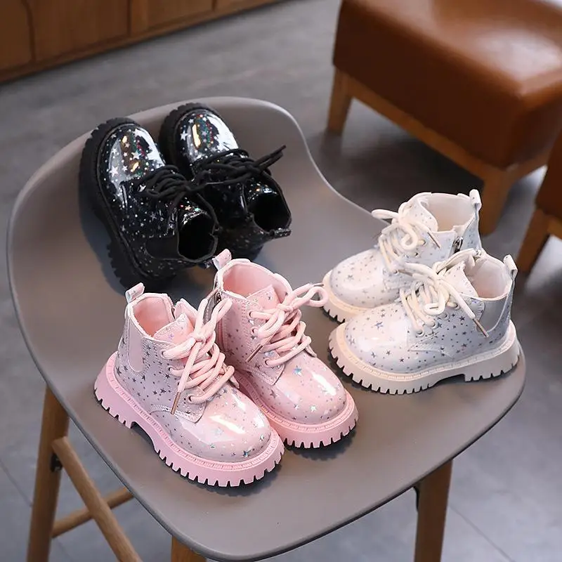 New Children Martine Boots Non-slip Soft Sole Walking Shoes PU Leather Sparkle Boots Lace Up Side Zipper Pure Color Casual Shoes