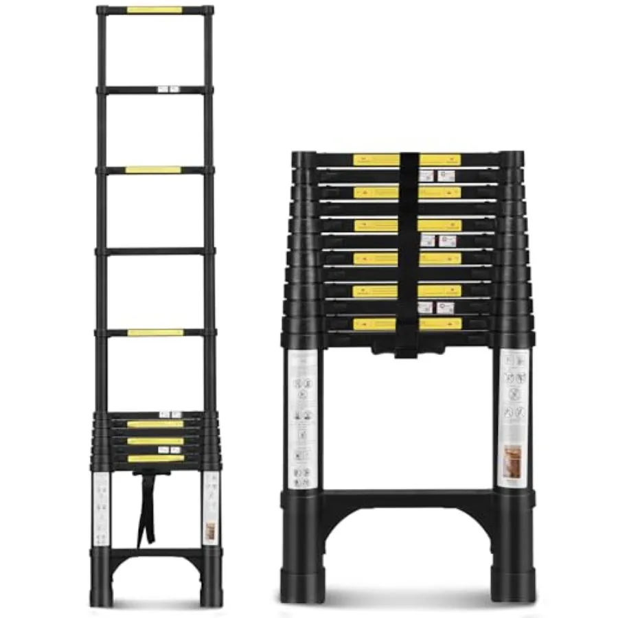 

15.5FT Telescoping Aluminum Extension Ladder with Triangle Stabilizers and Non-Slip Feet 330lbs Capacity Compact Lightweight Bl