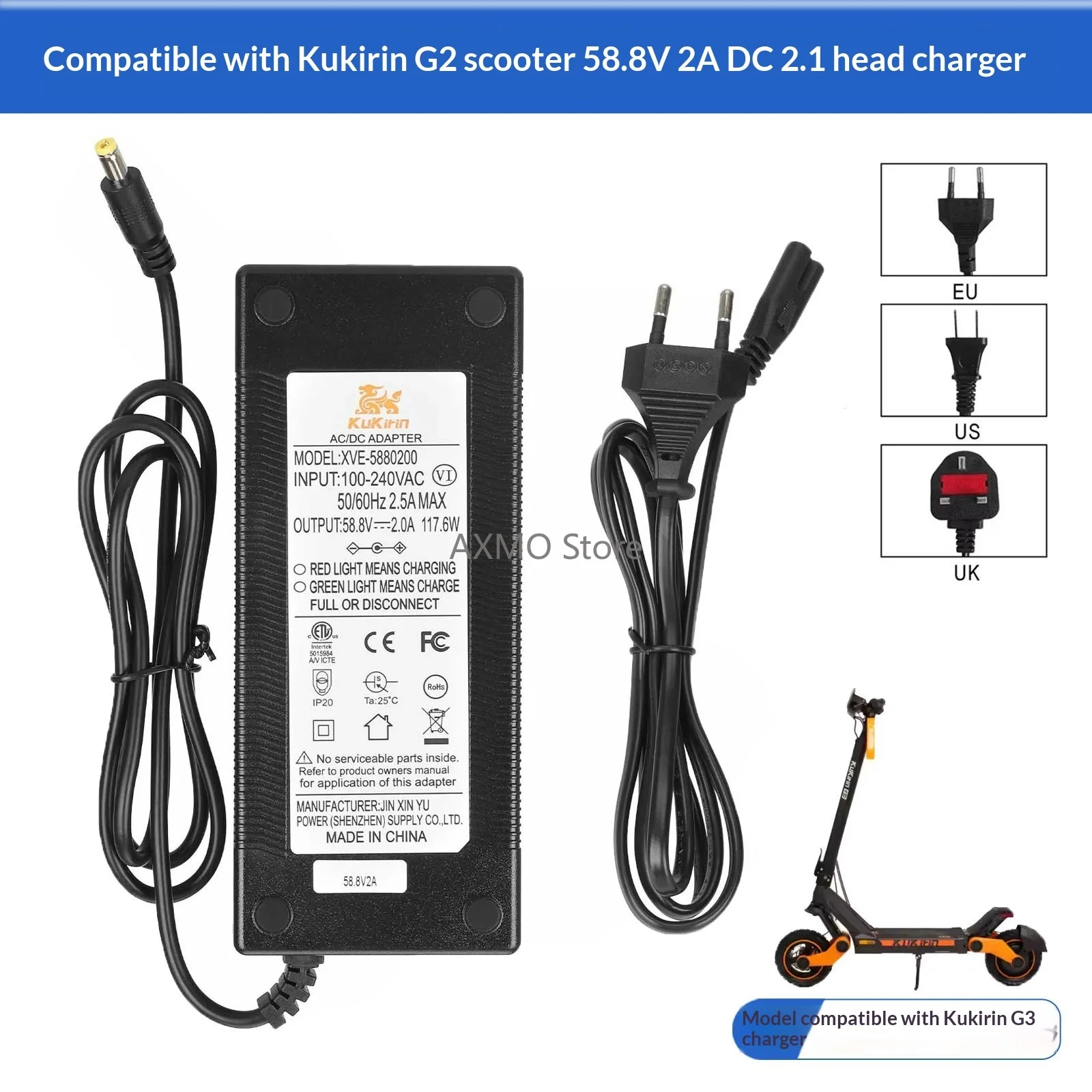 

Scooter Charger 58.8V 2.0A DC2.1 for Kukirin G3 Electric Scooter Battery Charger EU/US/UK Plug Parts Replacement Accessories