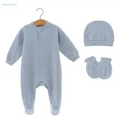 3Pcs Hospital Hat Long Sleeves Romper Gloves Set for Baby Feet Wrap Jumpsuit Clothing Set for Infants Unisex Shower Gift
