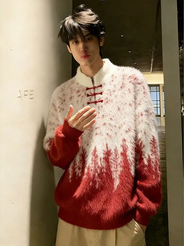 

New Chinese Sle Knitted Sweater Men's Red Color Year Button Stand Collar Camere Underwear Base Layer irt