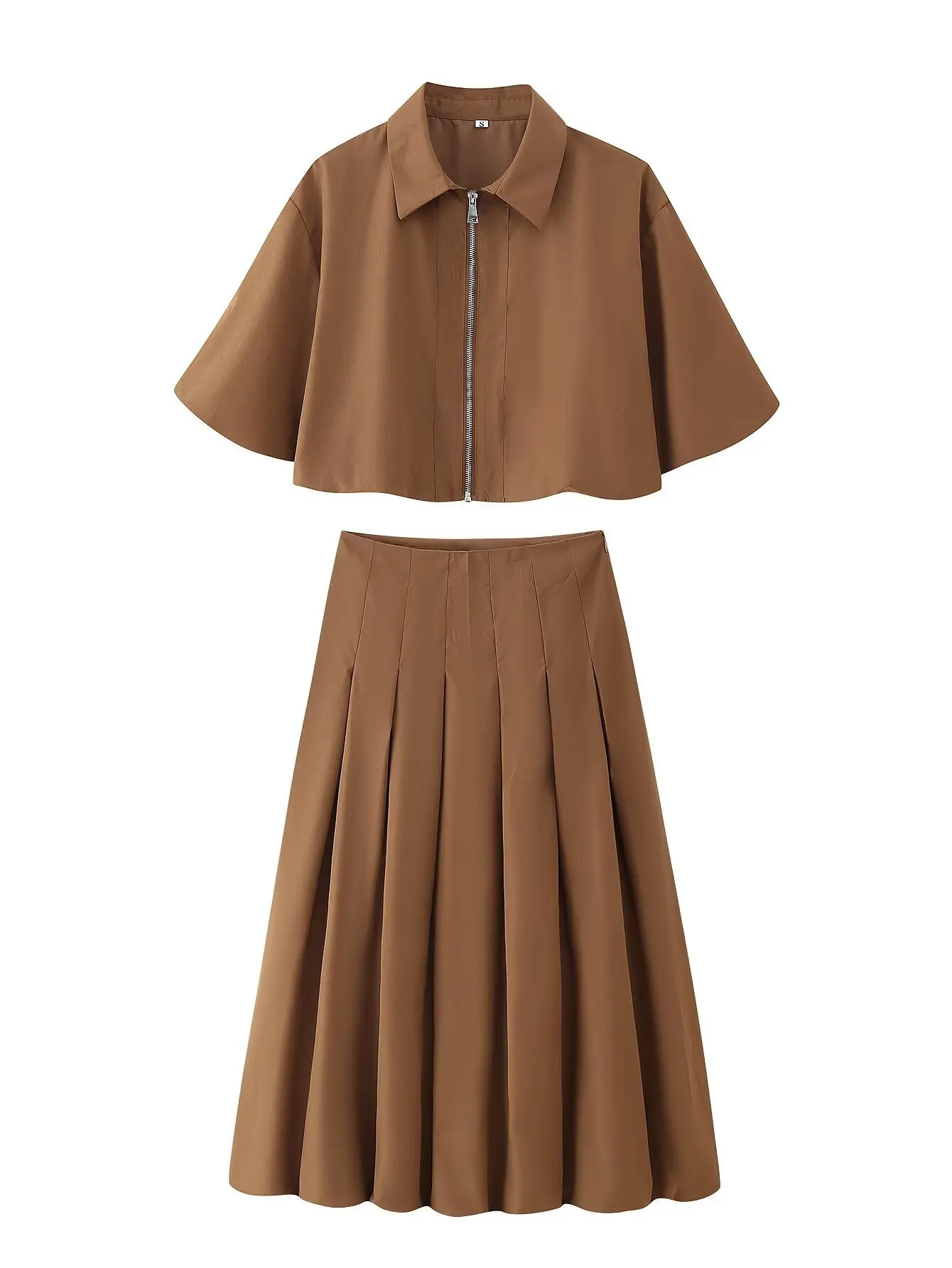 

New Fashion Casual Short Sleeve Turn-down Collar Zipper Solid Color Slim Fit Shirt + Pleated Zippler Fly Ankle Length Skirt Sets