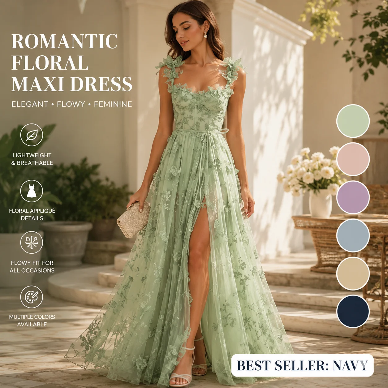 Women Sleeveless Lace Tulle Long Dress Floor Length Slit A Line Gown High Waist Formal Wedding Guest Bridesmaid Prom Evening Par