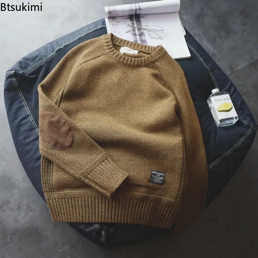 New 2026 Men's Warm Pullover Sweater Tops Fashion Patch Designs Knitted Sweater Men Harajuku Streetwear O Neck Causal Pullovers