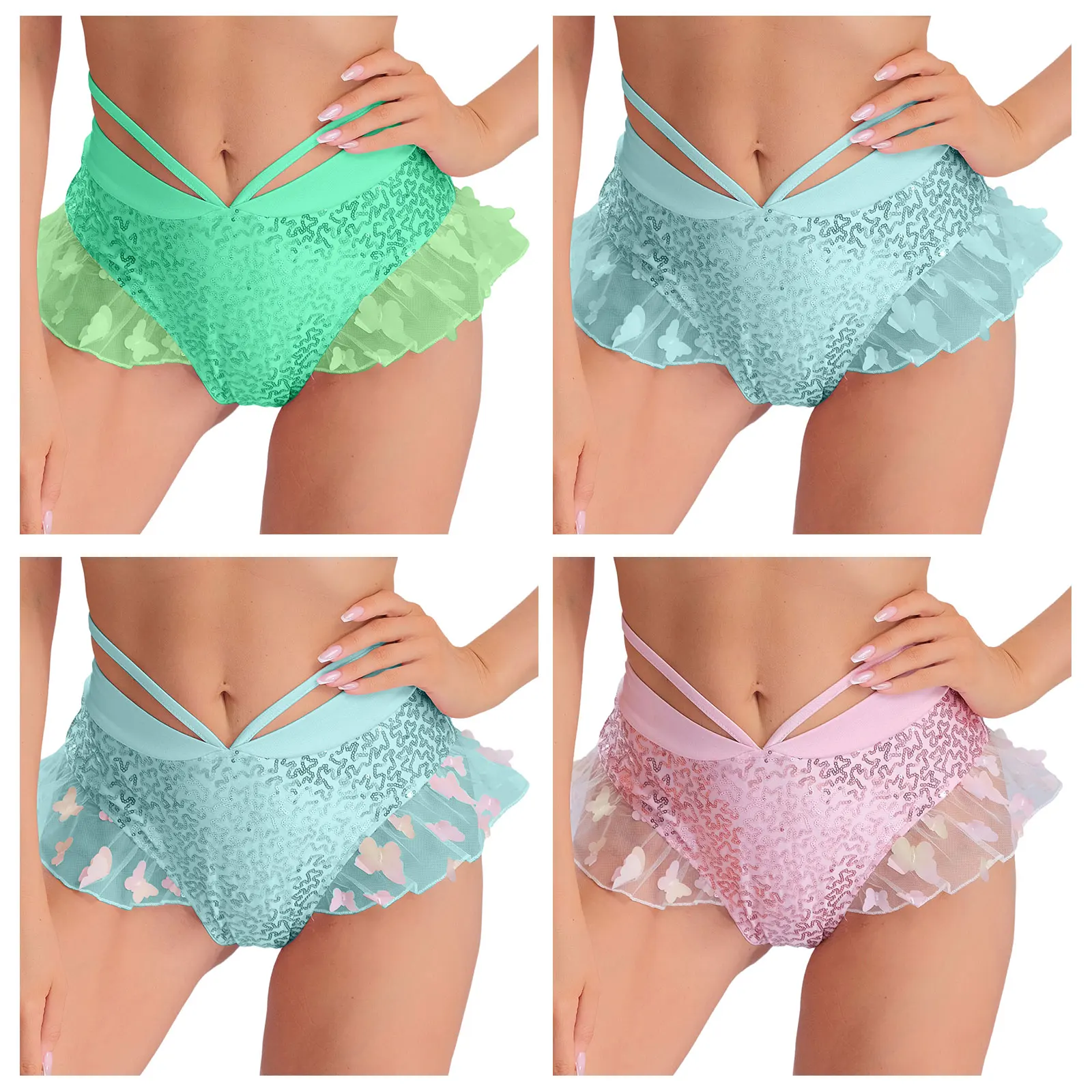 Womens Sparkly Sequins Briefs Low Rise Ruffle Mesh Butterfly Panties Underwear Role Play Rave Party Pole Dancing Night Club Wear