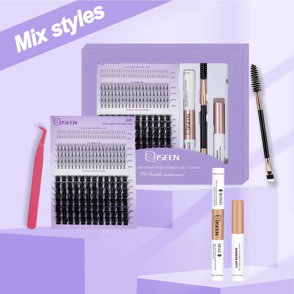 مجموعة أدوات تمديد الرموش DIY مع ربط الرموش والختم وملاقط الرموش وفرشاة ومزيل غراء الرموش