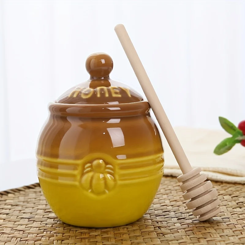 

Ceramic Honey Jar with Wooden Stick Vintage Honey Storage Pot Cross Border Gift