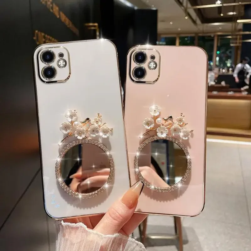 

Модный Роскошный 3d чехол для телефона с птицами, цветами персика и стразами, зеркальный чехол для девочек, мягкий чехол для Iphone 15 14 13 12 11Pro Max