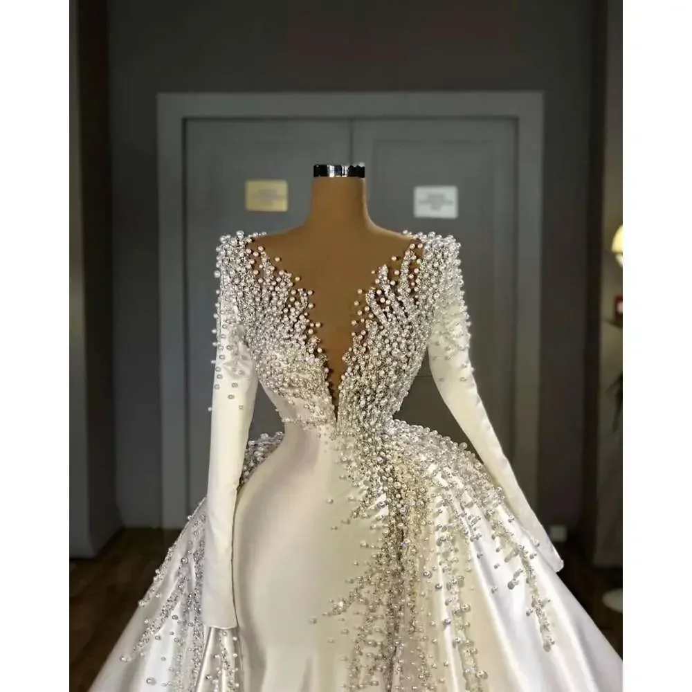 Customized Satin Pearls Wedding Dresses for Bride Mermaid Bead Long Sleeve with Detachable Skirt Africa Bridal Gowns